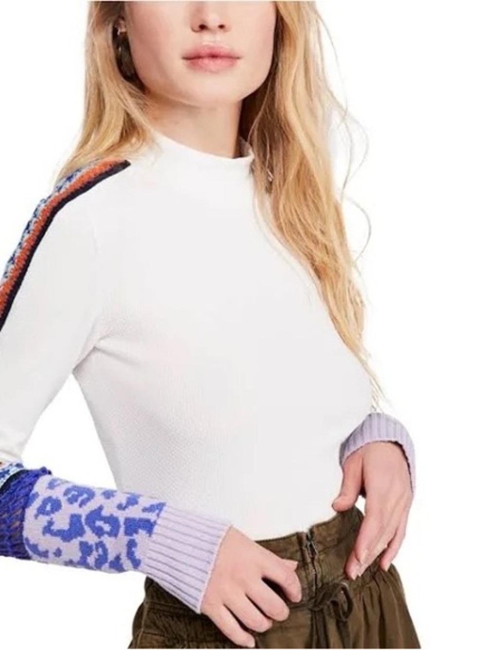 Free People Cream Cowl Neck Sweater with Multicolor Sleeve Accents